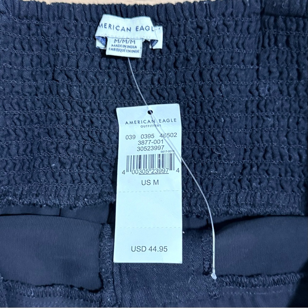 AMERICAN EAGLE NWT A-Line Mini Dress Linen Button Front Smocked Lined Black Med - Picture 9 of 11